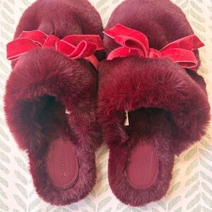 Auden Deep Red Plush Slippers with Bows